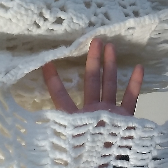 White OS Hand Knitted Button Down Slit Sleeve Poncho Style Sweater - Picture 3 of 3